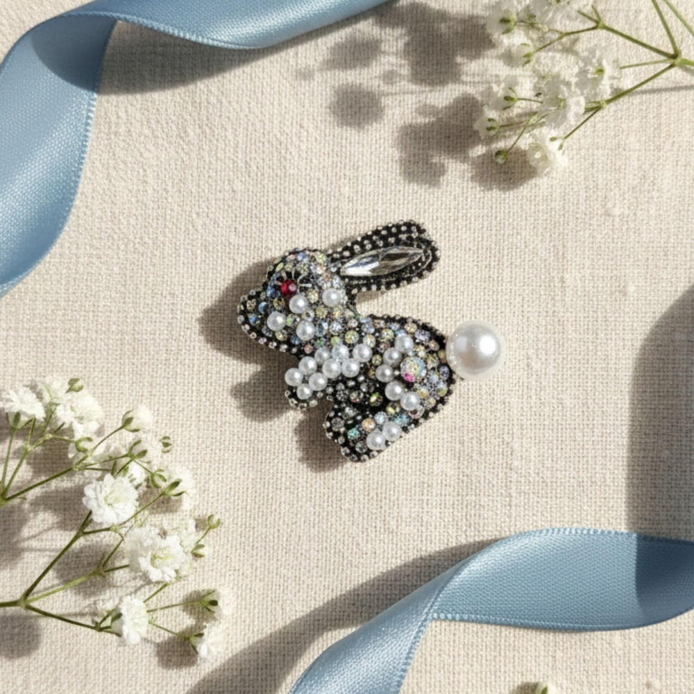 Elegant Pearl and Crystal Bunny Brooch